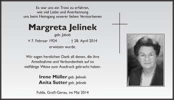 Traueranzeige von Margreta Jelinek 