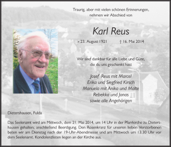 Traueranzeige von Karl Reus 