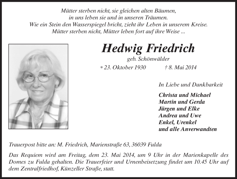  Traueranzeige für Hedwig Friedrich vom 20.05.2014 aus 
