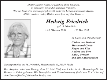 Traueranzeige von Hedwig Friedrich 
