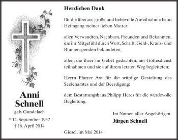 Traueranzeige von Anni Schnell 