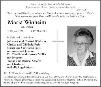 Traueranzeige von Maria Winheim 