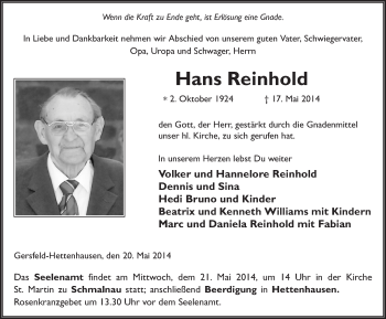 Traueranzeige von Hans Reinhold 
