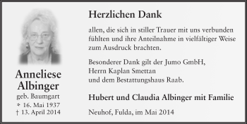 Traueranzeige von Anneliese Albinger 