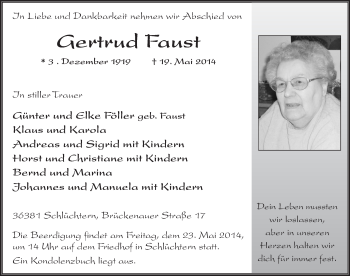 Traueranzeige von Gertrud Faust 