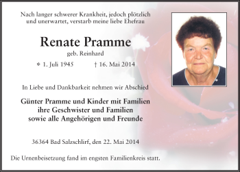 Traueranzeige von Renate Pramme 