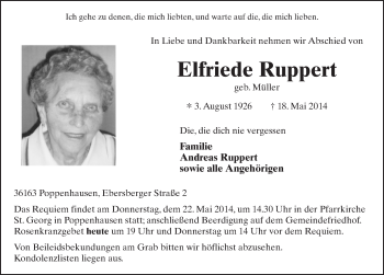 Traueranzeige von Elfriede Ruppert 