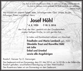 Traueranzeige von Josef Höhl 