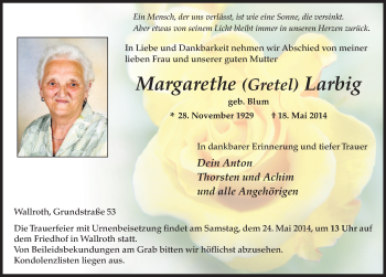 Traueranzeige von Margarethe Larbig 