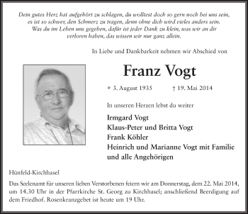 Traueranzeige von Franz Vogt 