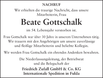 Traueranzeige von Beate Ida Gottschalk 