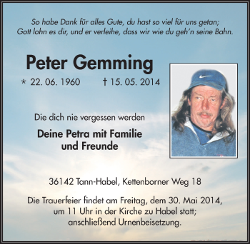 Traueranzeige von Peter Gemming 