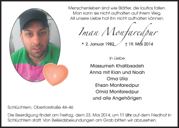Traueranzeige von Iman Monfaredpur 