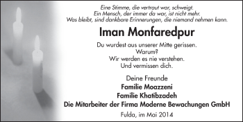 Traueranzeige von Iman Monfaredpur 