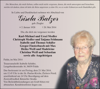 Traueranzeige von Gisela Balzer 