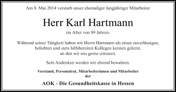 Traueranzeige von Karl Hartmann 