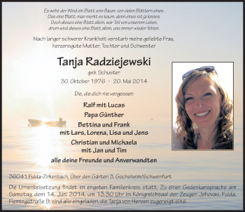 Traueranzeige von Tanja Radziejewski 