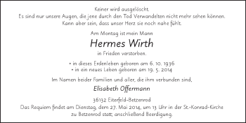 Traueranzeige von Hermes Wirth 