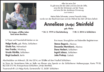 Traueranzeige von Anneliese Steinfeld 