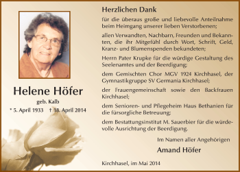 Traueranzeige von Helene Höfer 