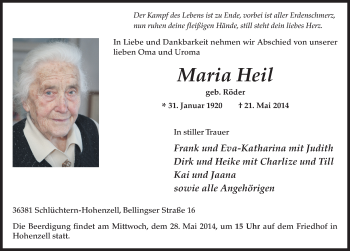 Traueranzeige von Maria Heil 