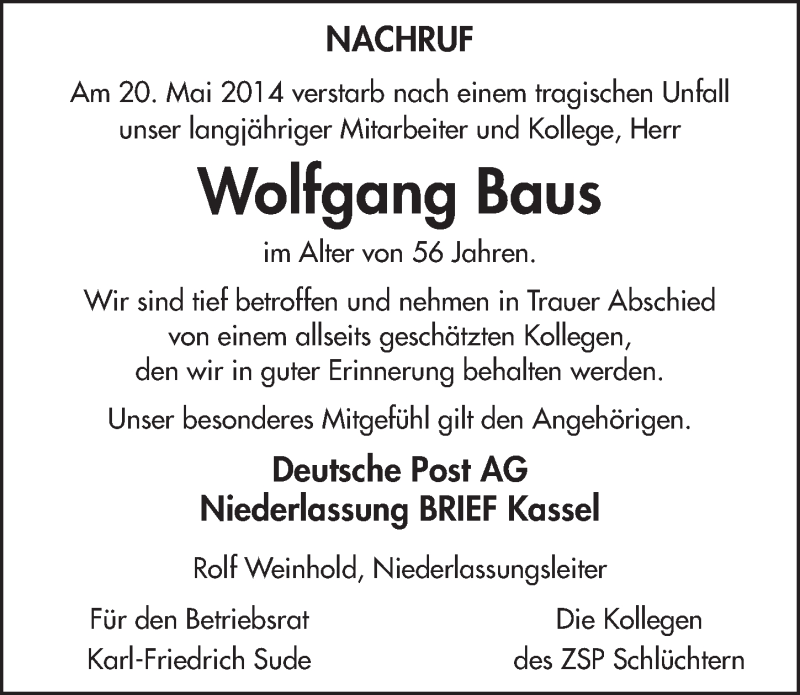  Traueranzeige für Wolfgang Baus vom 26.05.2014 aus 