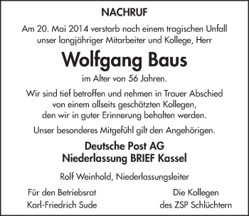 Traueranzeige von Wolfgang Baus 