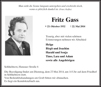 Traueranzeige von Fritz Gass 