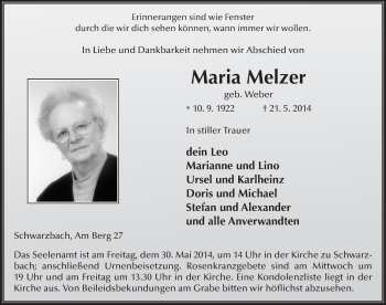 Traueranzeige von Maria Melzer 