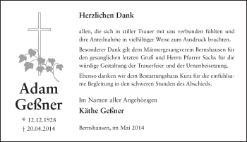 Traueranzeige von Adam Geßner 