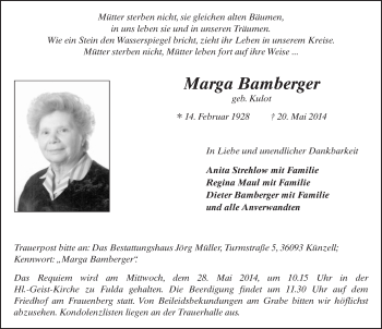 Traueranzeige von Marga Bamberger 