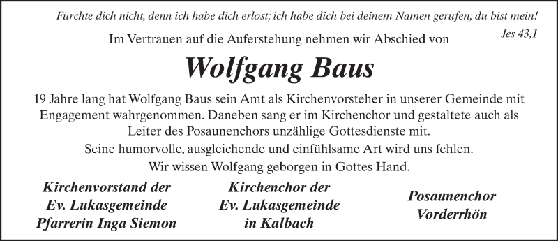  Traueranzeige für Wolfgang Baus vom 26.05.2014 aus 