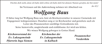Traueranzeige von Wolfgang Baus 