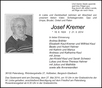 Traueranzeige von Josef Kremer 