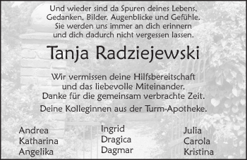 Traueranzeige von Tanja Radziejewski 