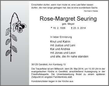 Traueranzeige von Rose-Margret Seuring 