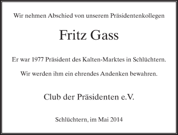 Traueranzeige von Fritz Gass 