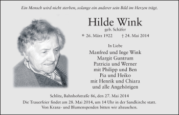 Traueranzeige von Hilde Wink 