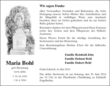 Traueranzeige von Maria Bohl 