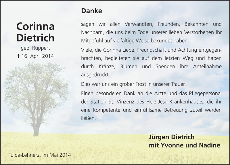  Traueranzeige für Corinna Dietrich vom 30.05.2014 aus 