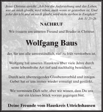 Traueranzeige von Wolfgang Baus 