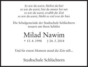 Traueranzeige von Milad Nawim 