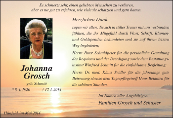 Traueranzeige von Johanna Grosch 