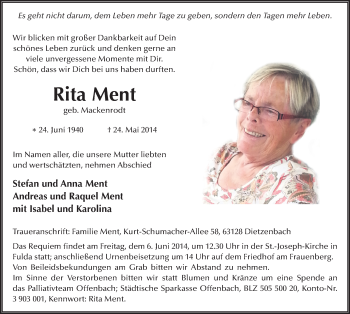 Traueranzeige von Rita Ment 