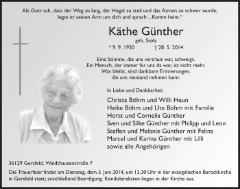 Traueranzeige von Käthe Günther 