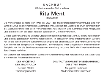Traueranzeige von Rita Ment 