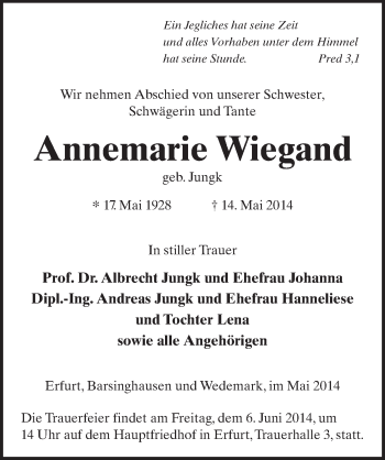 Traueranzeige von Annemarie Wiegand 