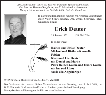 Traueranzeige von Erich Deuter 