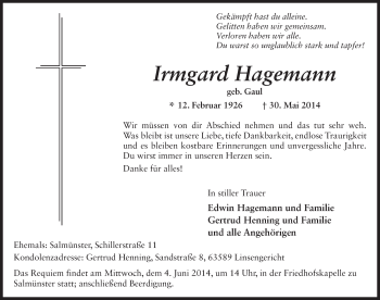 Traueranzeige von Irmgard Hagemann 