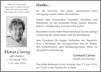 Traueranzeige von Maria Czerny 